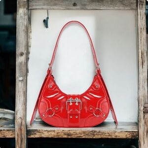 ❣️Retro Punk Vibrant Glossy Red Shoulder Hobo Bag 💕 Valentine Gift